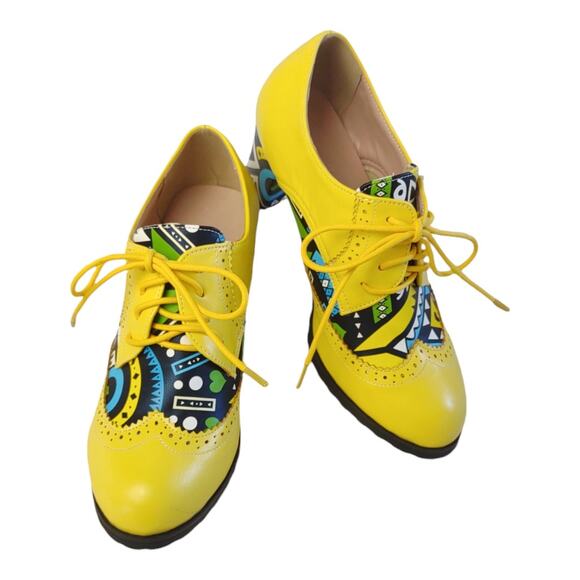 Jin Pin Shoes - Colorful Yellow Oxford Saddle Shoes Block Heels Retro Style Costume Dancing Fun